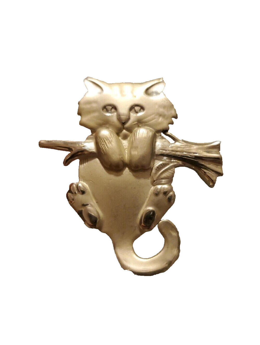VTG 1980s AJC Cat Brooch Pin Kitten Hanging On Limb Branch Silver Tone
